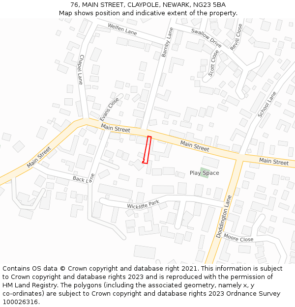 76, MAIN STREET, CLAYPOLE, NEWARK, NG23 5BA: Location map and indicative extent of plot