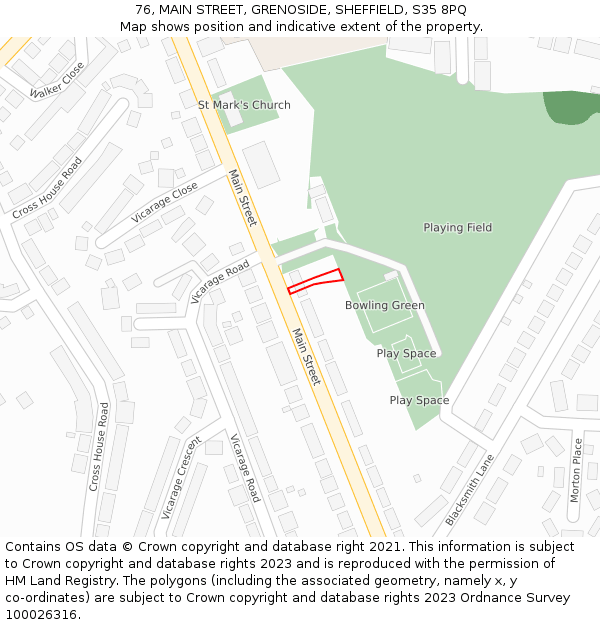 76, MAIN STREET, GRENOSIDE, SHEFFIELD, S35 8PQ: Location map and indicative extent of plot