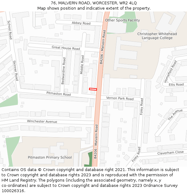 76, MALVERN ROAD, WORCESTER, WR2 4LQ: Location map and indicative extent of plot