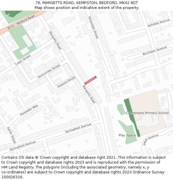 76, MARGETTS ROAD, KEMPSTON, BEDFORD, MK42 8DT: Location map and indicative extent of plot