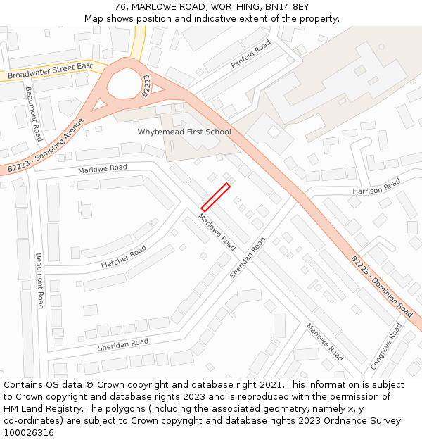 76, MARLOWE ROAD, WORTHING, BN14 8EY: Location map and indicative extent of plot