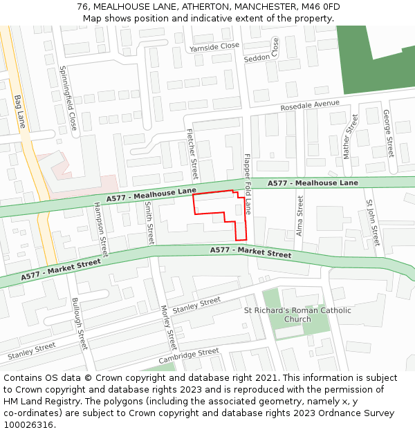 76, MEALHOUSE LANE, ATHERTON, MANCHESTER, M46 0FD: Location map and indicative extent of plot