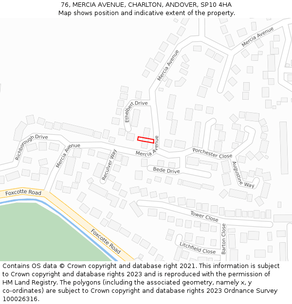 76, MERCIA AVENUE, CHARLTON, ANDOVER, SP10 4HA: Location map and indicative extent of plot