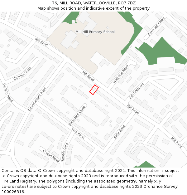 76, MILL ROAD, WATERLOOVILLE, PO7 7BZ: Location map and indicative extent of plot