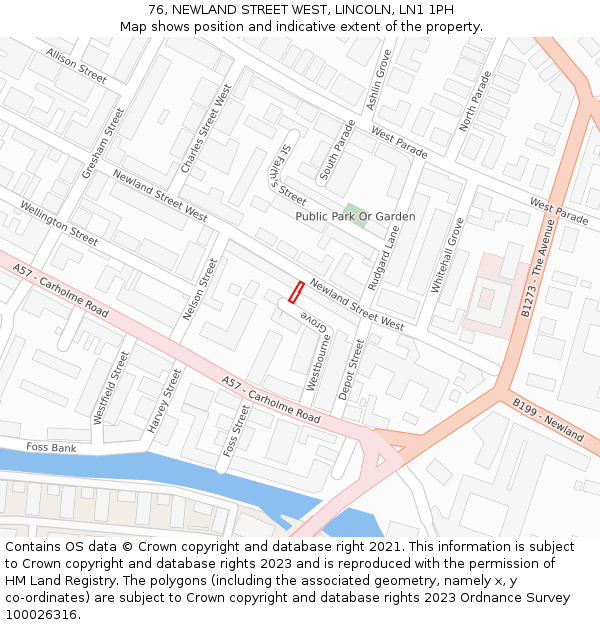 76, NEWLAND STREET WEST, LINCOLN, LN1 1PH: Location map and indicative extent of plot