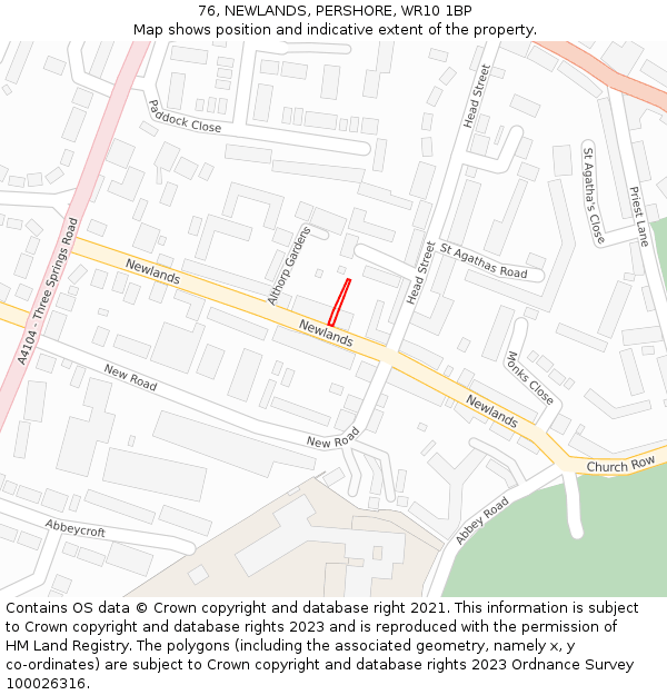 76, NEWLANDS, PERSHORE, WR10 1BP: Location map and indicative extent of plot