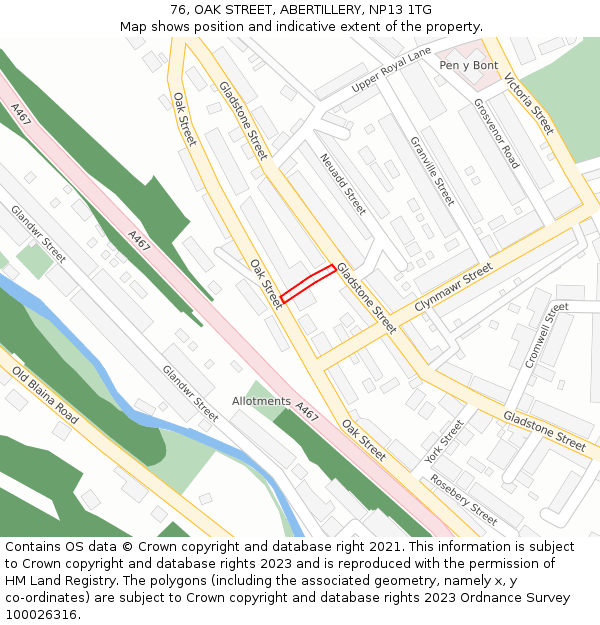76, OAK STREET, ABERTILLERY, NP13 1TG: Location map and indicative extent of plot