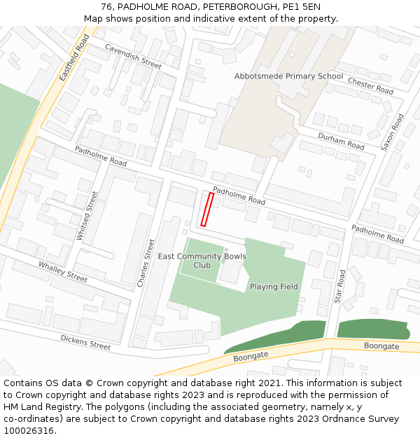 76, PADHOLME ROAD, PETERBOROUGH, PE1 5EN: Location map and indicative extent of plot
