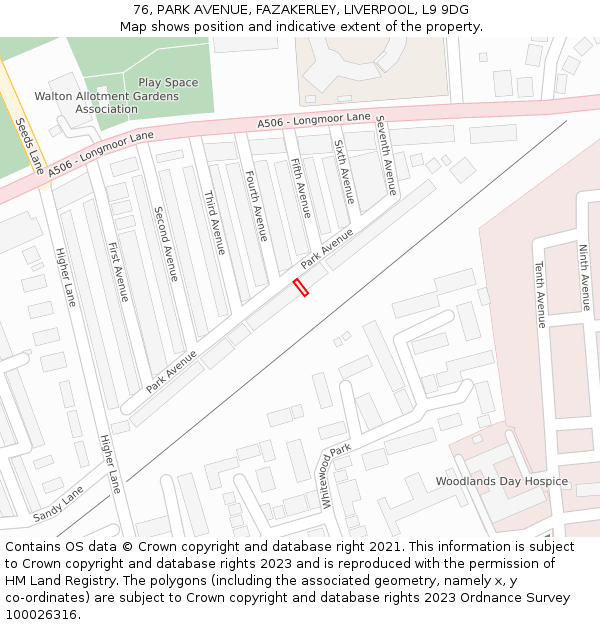 76, PARK AVENUE, FAZAKERLEY, LIVERPOOL, L9 9DG: Location map and indicative extent of plot