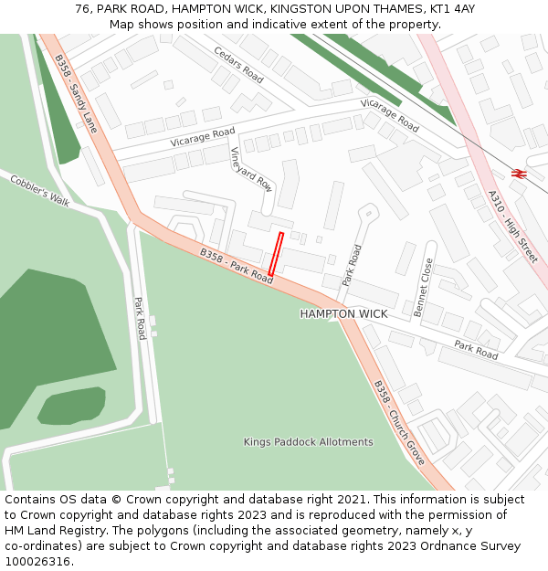 76, PARK ROAD, HAMPTON WICK, KINGSTON UPON THAMES, KT1 4AY: Location map and indicative extent of plot