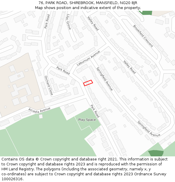 76, PARK ROAD, SHIREBROOK, MANSFIELD, NG20 8JR: Location map and indicative extent of plot