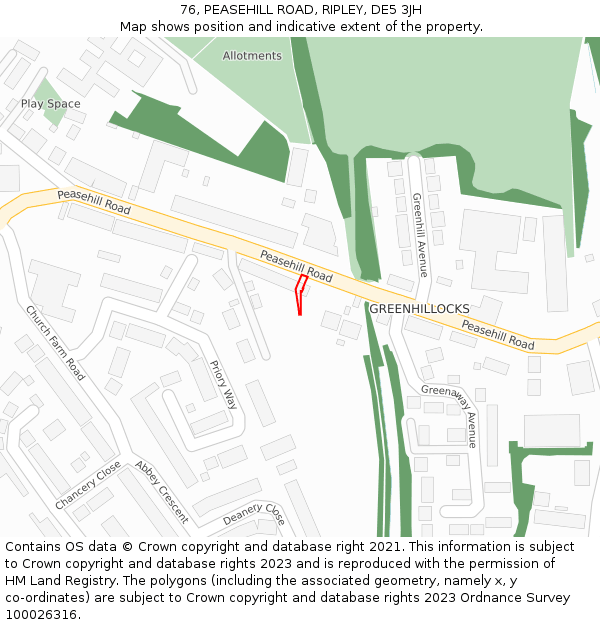 76, PEASEHILL ROAD, RIPLEY, DE5 3JH: Location map and indicative extent of plot