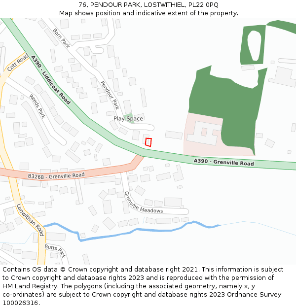 76, PENDOUR PARK, LOSTWITHIEL, PL22 0PQ: Location map and indicative extent of plot