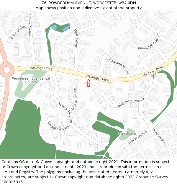 76, POWDERHAM AVENUE, WORCESTER, WR4 0DN: Location map and indicative extent of plot