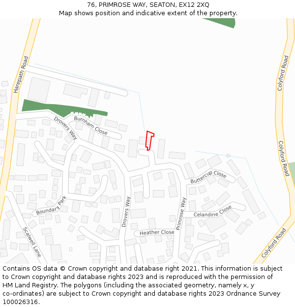 76, PRIMROSE WAY, SEATON, EX12 2XQ: Location map and indicative extent of plot