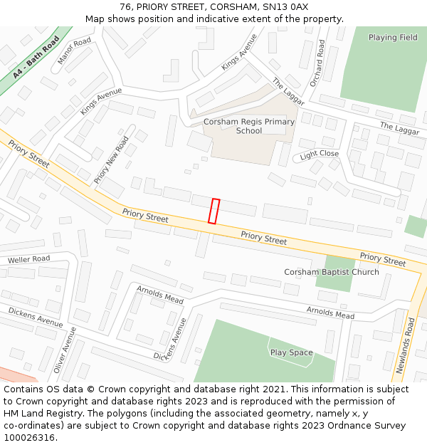 76, PRIORY STREET, CORSHAM, SN13 0AX: Location map and indicative extent of plot