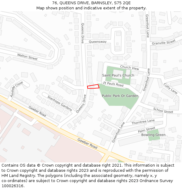76, QUEENS DRIVE, BARNSLEY, S75 2QE: Location map and indicative extent of plot