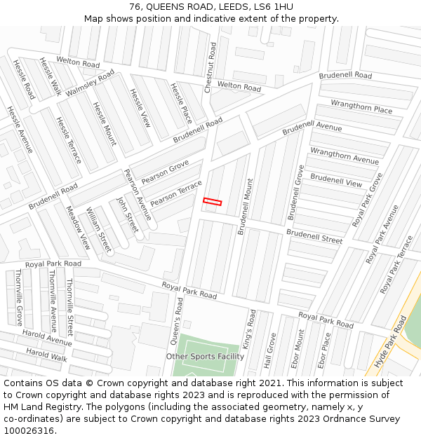 76, QUEENS ROAD, LEEDS, LS6 1HU: Location map and indicative extent of plot
