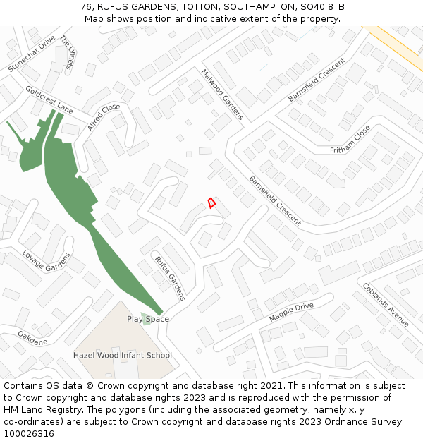 76, RUFUS GARDENS, TOTTON, SOUTHAMPTON, SO40 8TB: Location map and indicative extent of plot