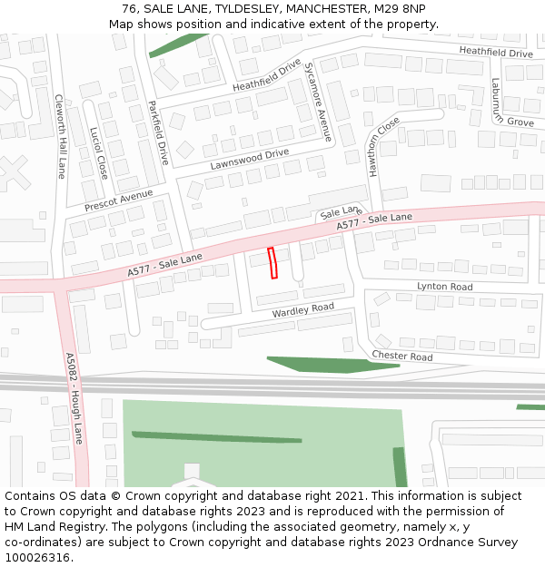76, SALE LANE, TYLDESLEY, MANCHESTER, M29 8NP: Location map and indicative extent of plot