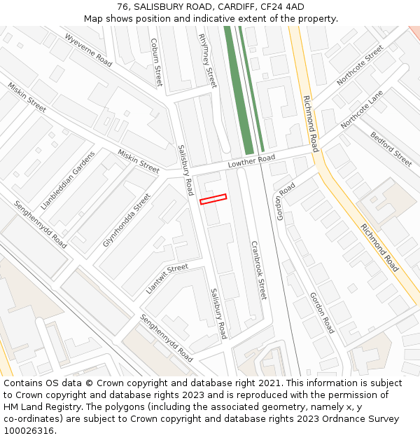 76, SALISBURY ROAD, CARDIFF, CF24 4AD: Location map and indicative extent of plot