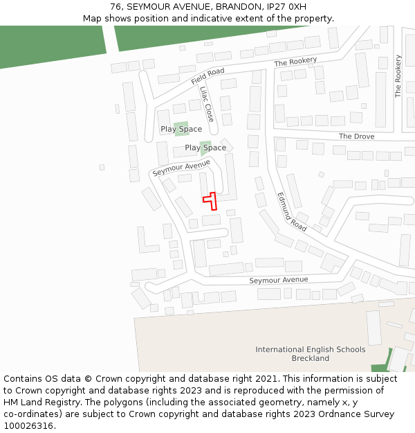 76, SEYMOUR AVENUE, BRANDON, IP27 0XH: Location map and indicative extent of plot