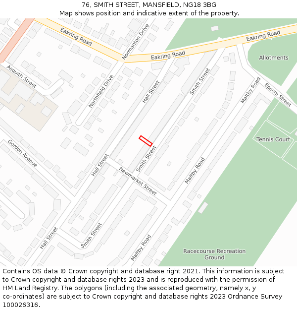 76, SMITH STREET, MANSFIELD, NG18 3BG: Location map and indicative extent of plot
