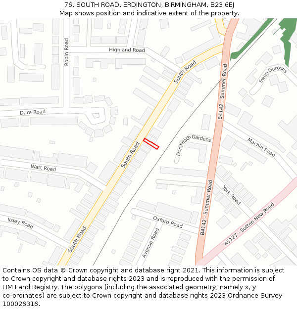 76, SOUTH ROAD, ERDINGTON, BIRMINGHAM, B23 6EJ: Location map and indicative extent of plot
