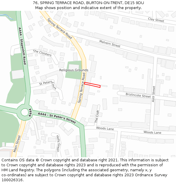 76, SPRING TERRACE ROAD, BURTON-ON-TRENT, DE15 9DU: Location map and indicative extent of plot