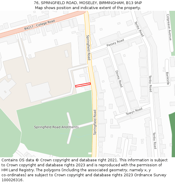 76, SPRINGFIELD ROAD, MOSELEY, BIRMINGHAM, B13 9NP: Location map and indicative extent of plot