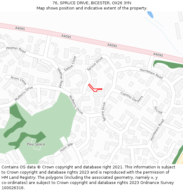 76, SPRUCE DRIVE, BICESTER, OX26 3YN: Location map and indicative extent of plot