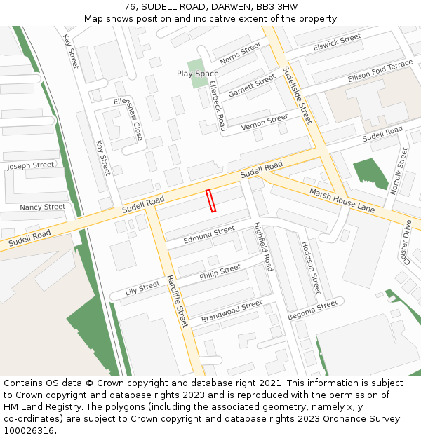 76, SUDELL ROAD, DARWEN, BB3 3HW: Location map and indicative extent of plot
