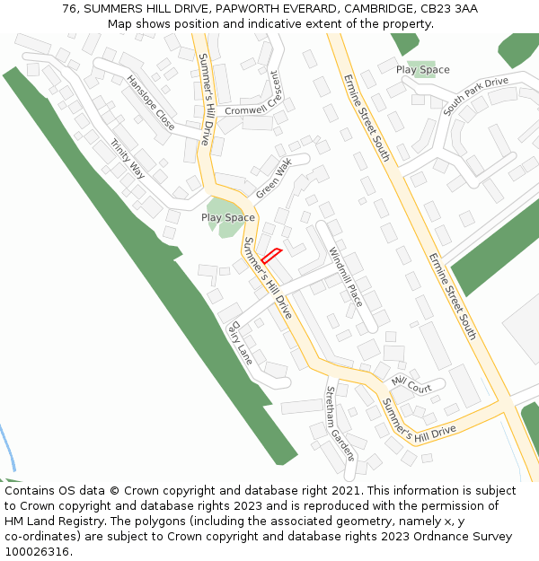 76, SUMMERS HILL DRIVE, PAPWORTH EVERARD, CAMBRIDGE, CB23 3AA: Location map and indicative extent of plot