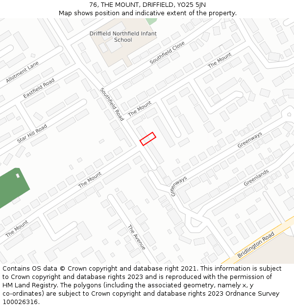 76, THE MOUNT, DRIFFIELD, YO25 5JN: Location map and indicative extent of plot