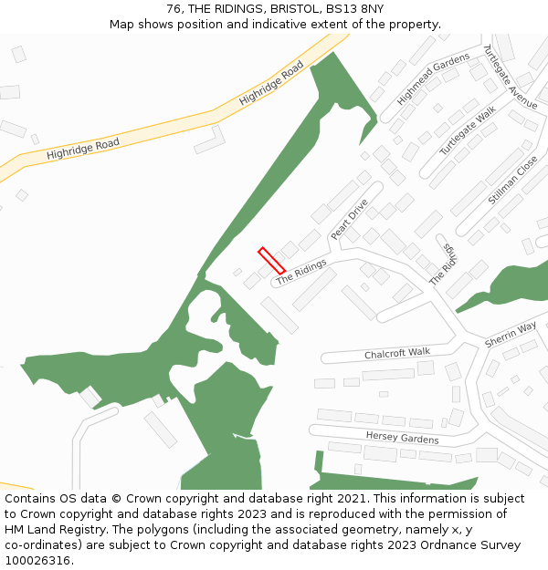76, THE RIDINGS, BRISTOL, BS13 8NY: Location map and indicative extent of plot