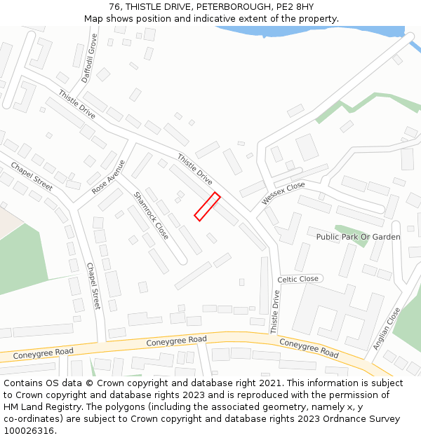 76, THISTLE DRIVE, PETERBOROUGH, PE2 8HY: Location map and indicative extent of plot