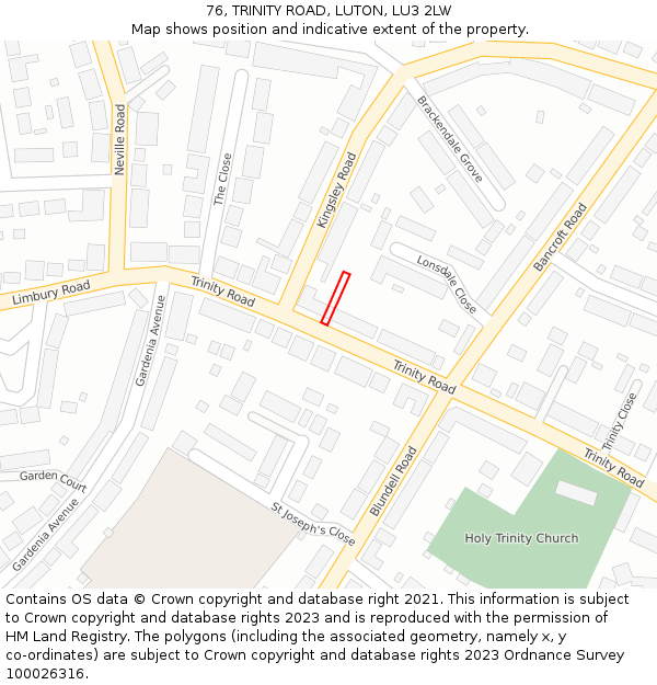76, TRINITY ROAD, LUTON, LU3 2LW: Location map and indicative extent of plot