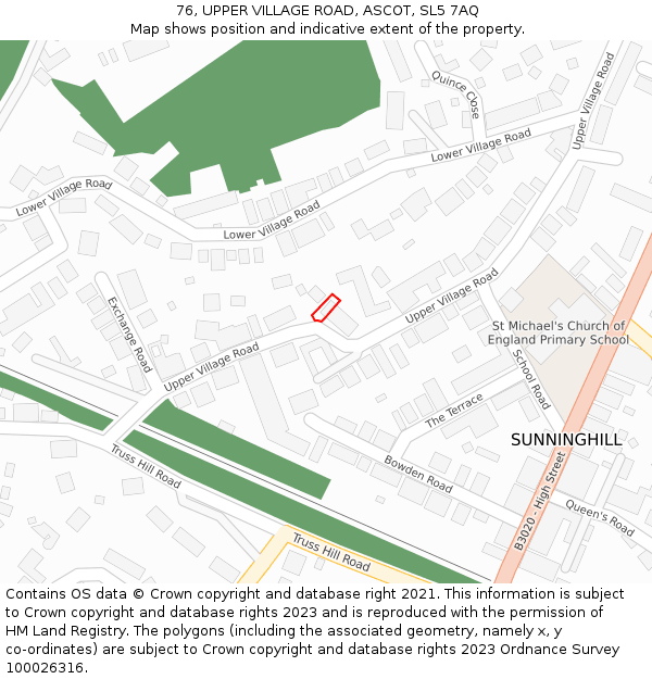 76, UPPER VILLAGE ROAD, ASCOT, SL5 7AQ: Location map and indicative extent of plot
