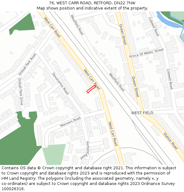 76, WEST CARR ROAD, RETFORD, DN22 7NW: Location map and indicative extent of plot