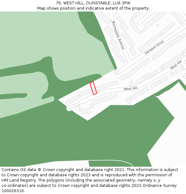 76, WEST HILL, DUNSTABLE, LU6 3PW: Location map and indicative extent of plot