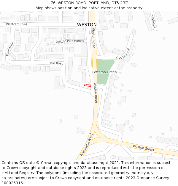 76, WESTON ROAD, PORTLAND, DT5 2BZ: Location map and indicative extent of plot