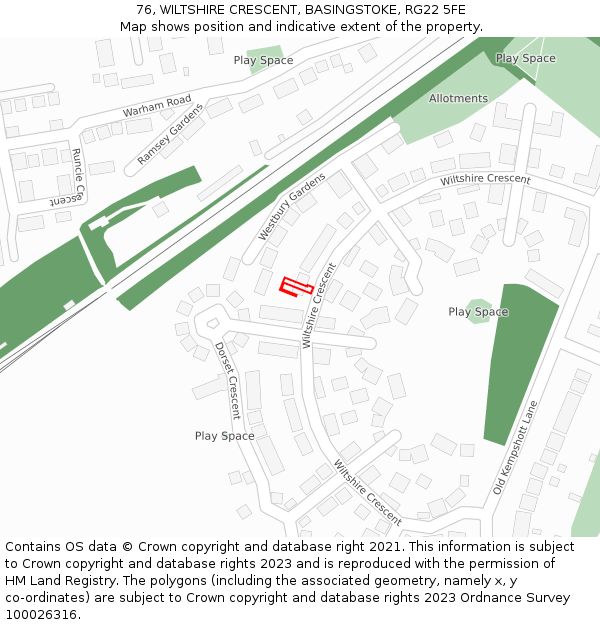 76, WILTSHIRE CRESCENT, BASINGSTOKE, RG22 5FE: Location map and indicative extent of plot