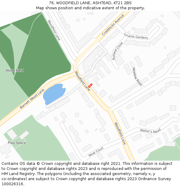 76, WOODFIELD LANE, ASHTEAD, KT21 2BS: Location map and indicative extent of plot