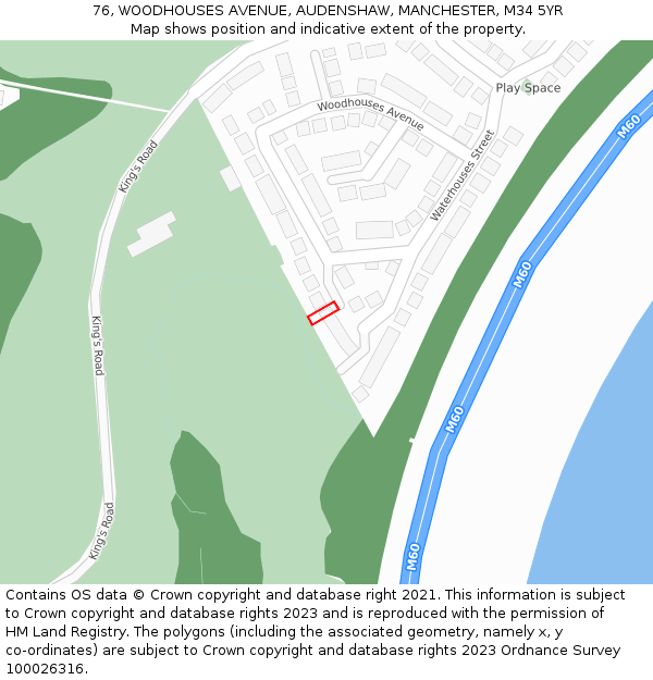 76, WOODHOUSES AVENUE, AUDENSHAW, MANCHESTER, M34 5YR: Location map and indicative extent of plot