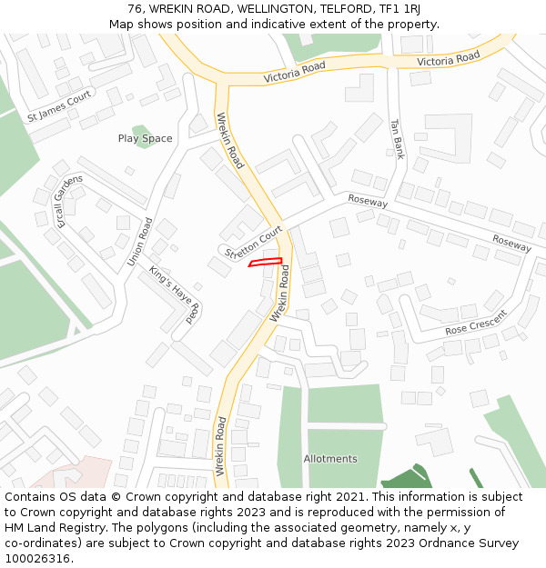 76, WREKIN ROAD, WELLINGTON, TELFORD, TF1 1RJ: Location map and indicative extent of plot