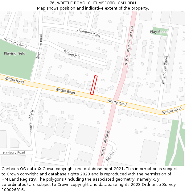 76, WRITTLE ROAD, CHELMSFORD, CM1 3BU: Location map and indicative extent of plot