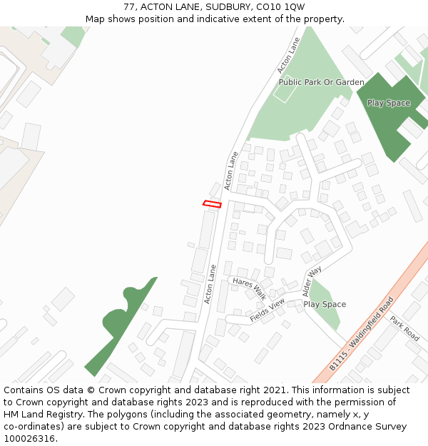 77, ACTON LANE, SUDBURY, CO10 1QW: Location map and indicative extent of plot