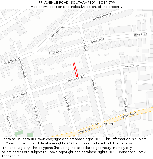 77, AVENUE ROAD, SOUTHAMPTON, SO14 6TW: Location map and indicative extent of plot