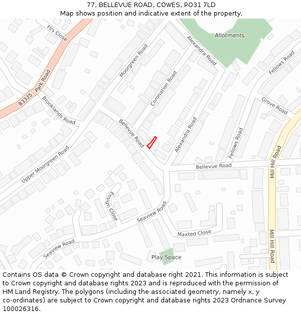 77, BELLEVUE ROAD, COWES, PO31 7LD: Location map and indicative extent of plot