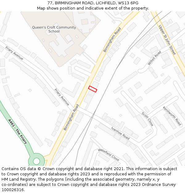 77, BIRMINGHAM ROAD, LICHFIELD, WS13 6PG: Location map and indicative extent of plot